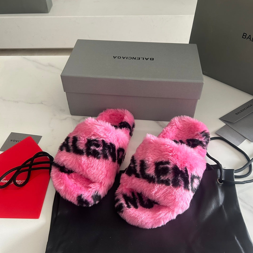 PINK FAUX FUR LOGO SLIDE SANDALS