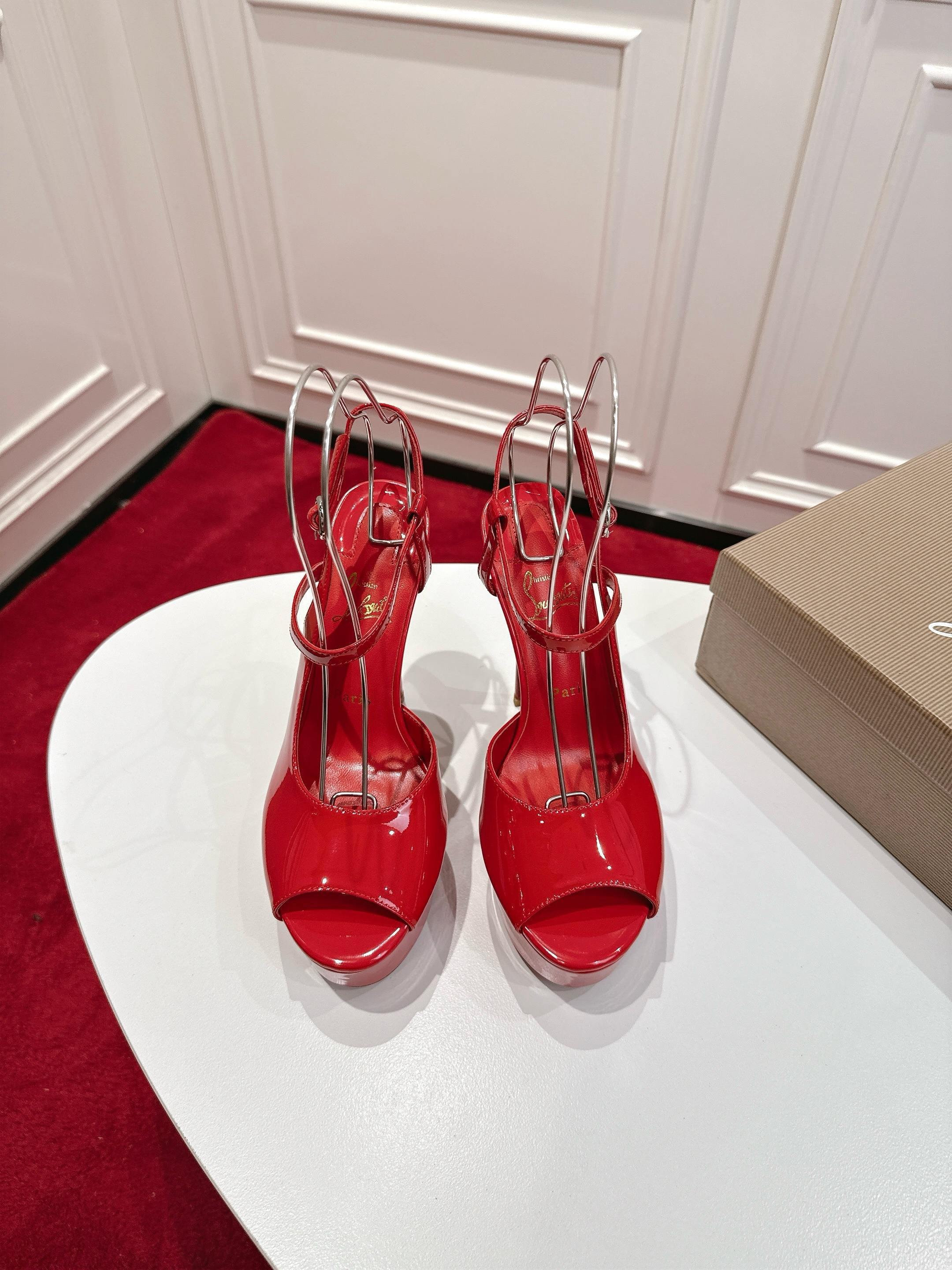 RED PATENT PLATFORM PEEP-TOE ANKLE STRAP HEELS