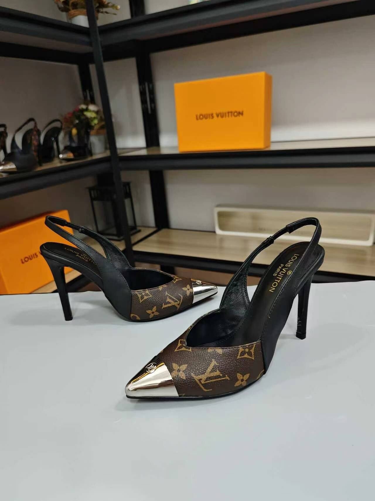MONOGRAM PRINT SLINGBACK HEELS WITH METAL TOE CAP