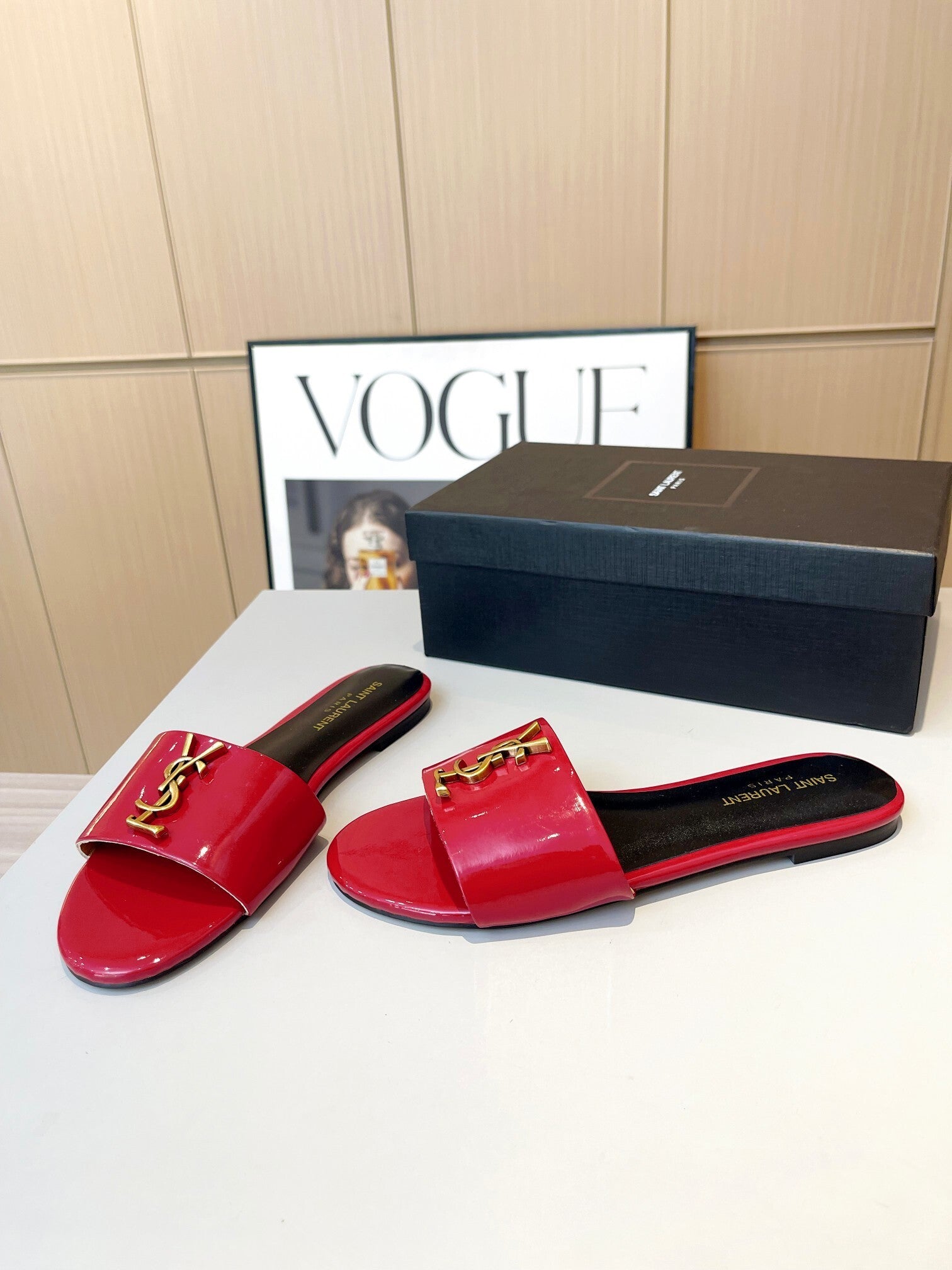 RED PATENT SLIDE SANDALS