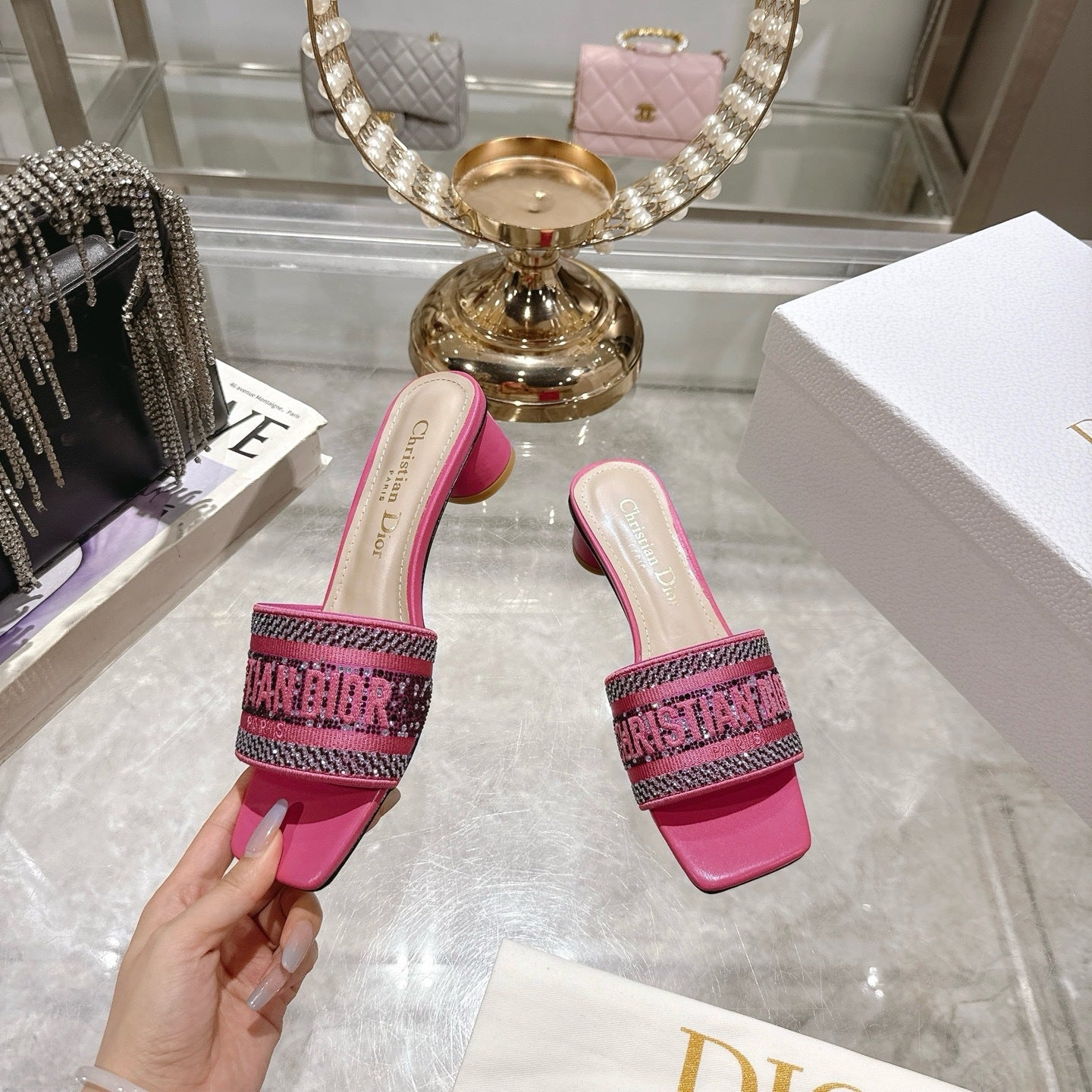 CRYSTAL EMBELLISHED LOGO JACQUARD LOW HEEL MULES – PINK