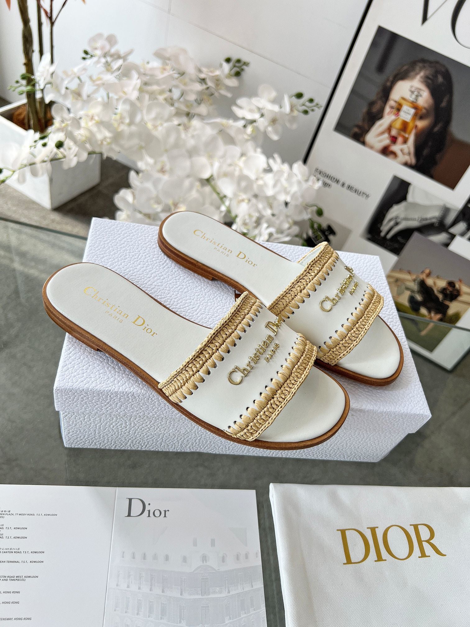 WHITE WOVEN LOGO STRAP FLAT SLIDES