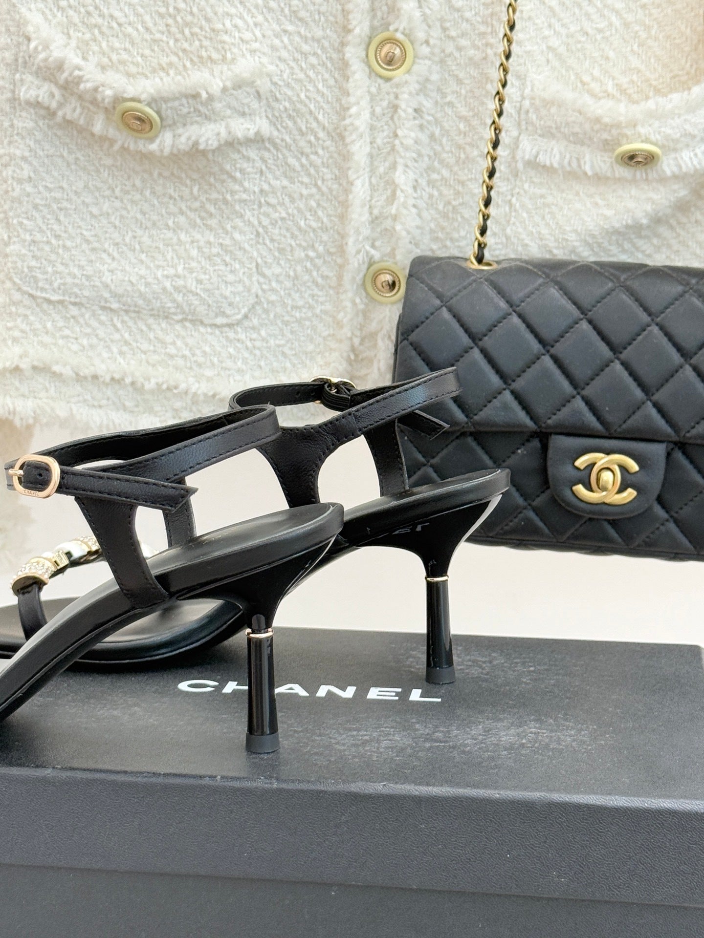 BLACK EMBELLISHED STRAPPY HEEL SANDALS