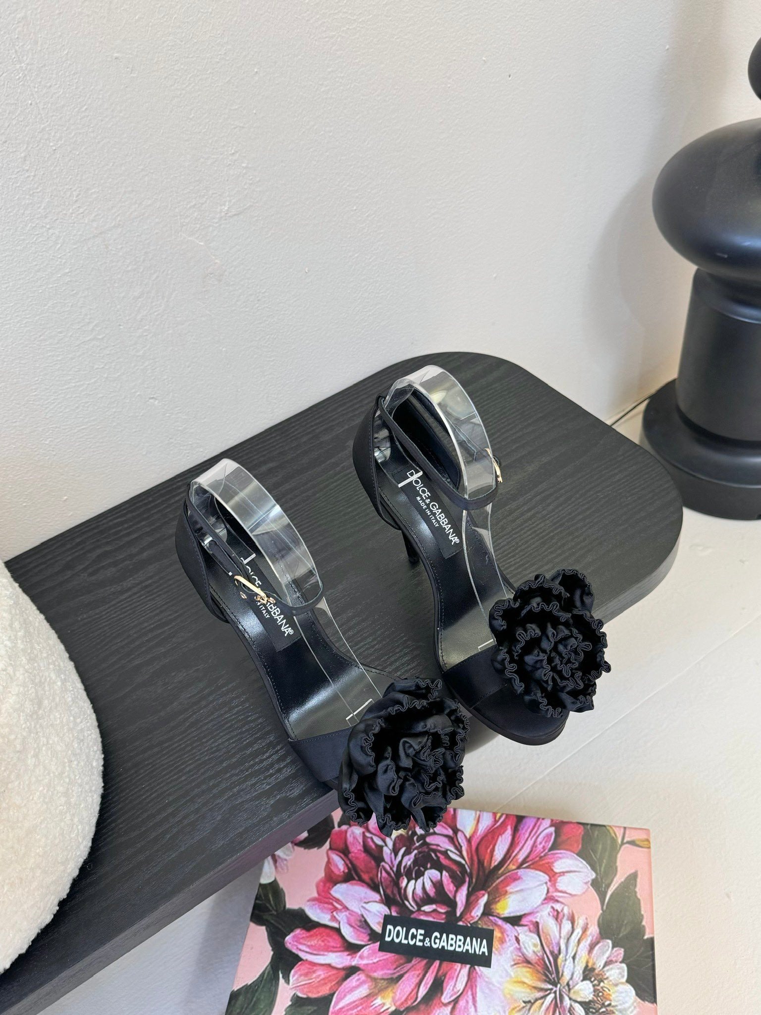 BLACK SATIN ROSETTE STRAPPY STILETTO HEELS