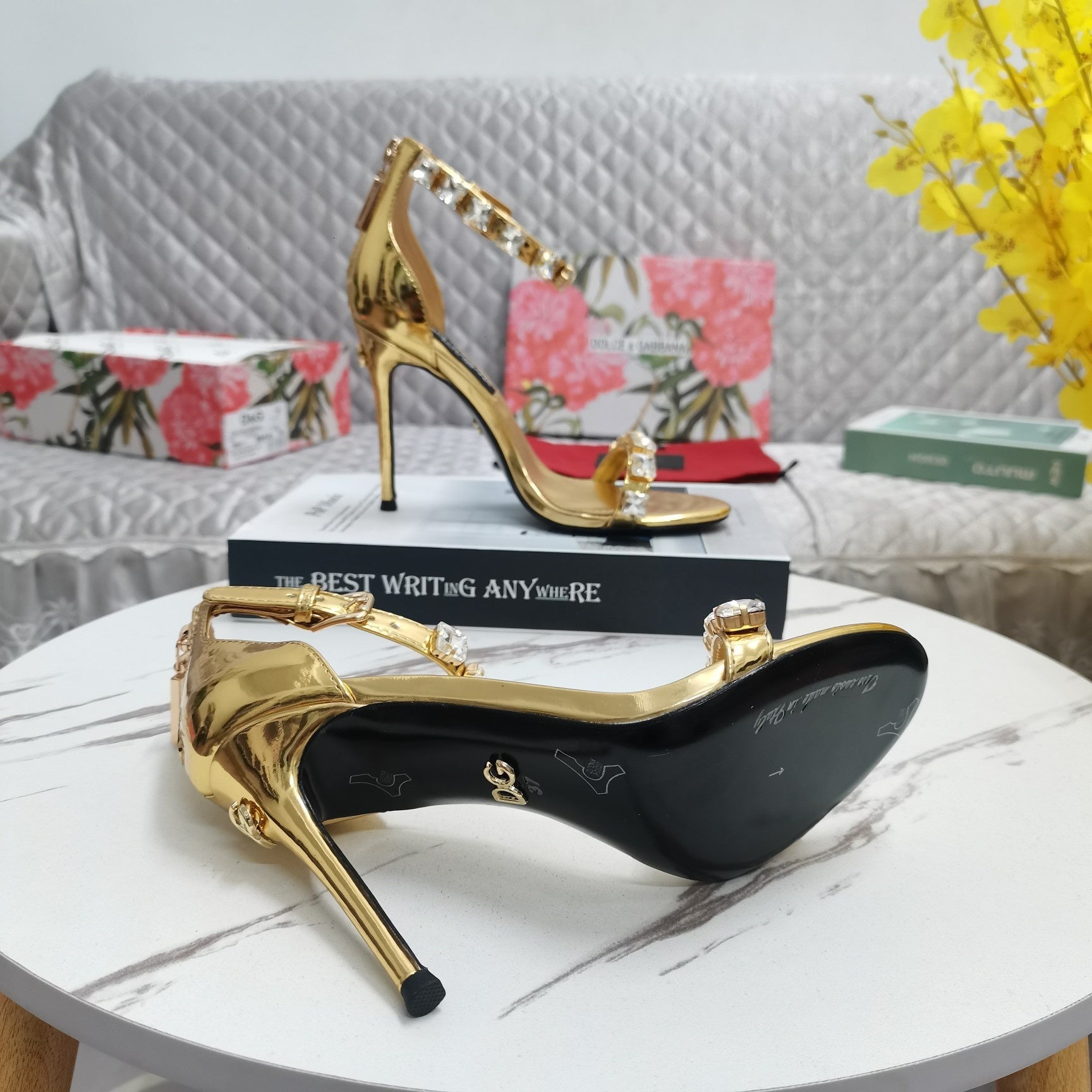 GOLD METALLIC STRAPPY HEEL SANDALS WITH CRYSTAL EMBELLISHMENTS