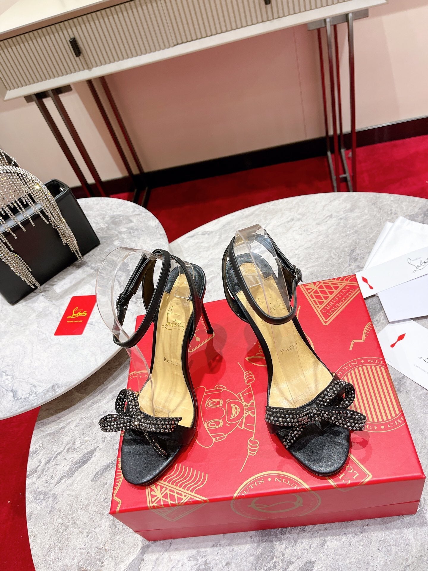 BLACK CRYSTAL BOW STRAP HEELS