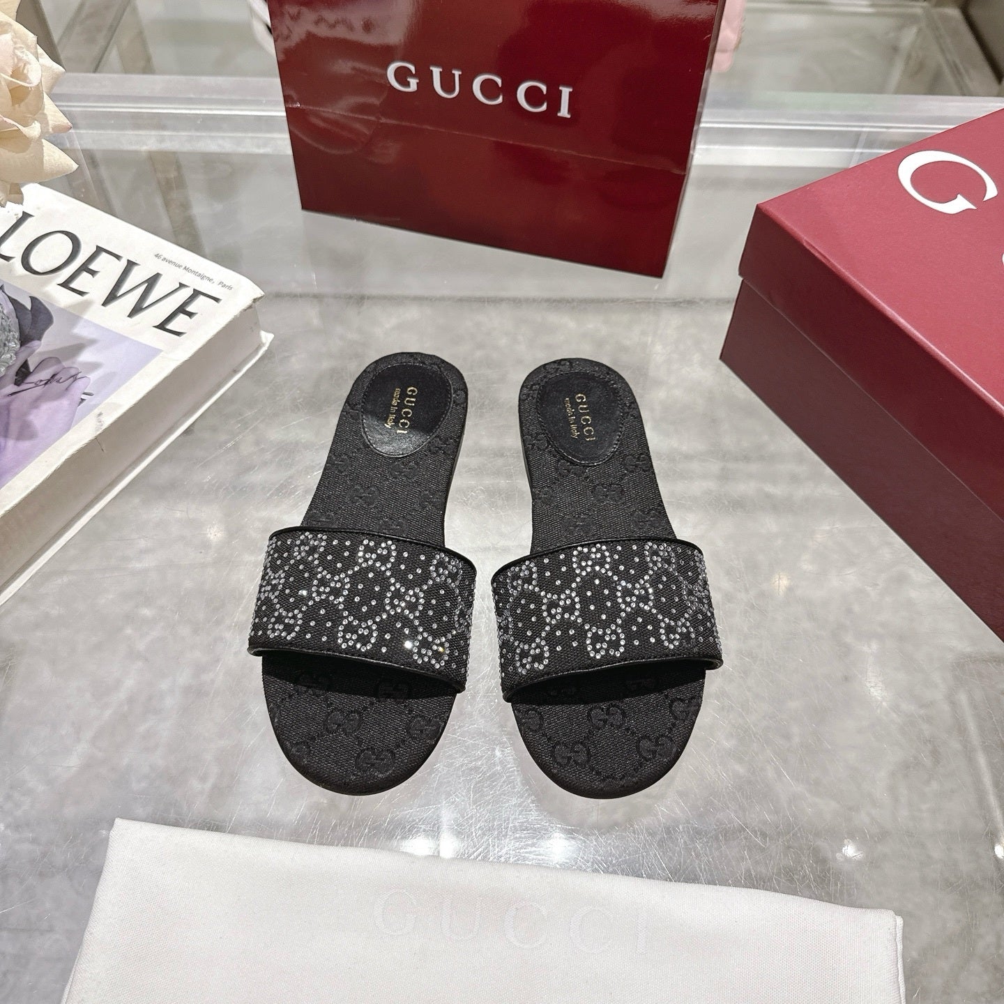 BLACK EMBELLISHED SLIDE SANDALS