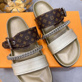 BEIGE MULTI-STRAP CHAIN DETAIL SLIDE SANDALS