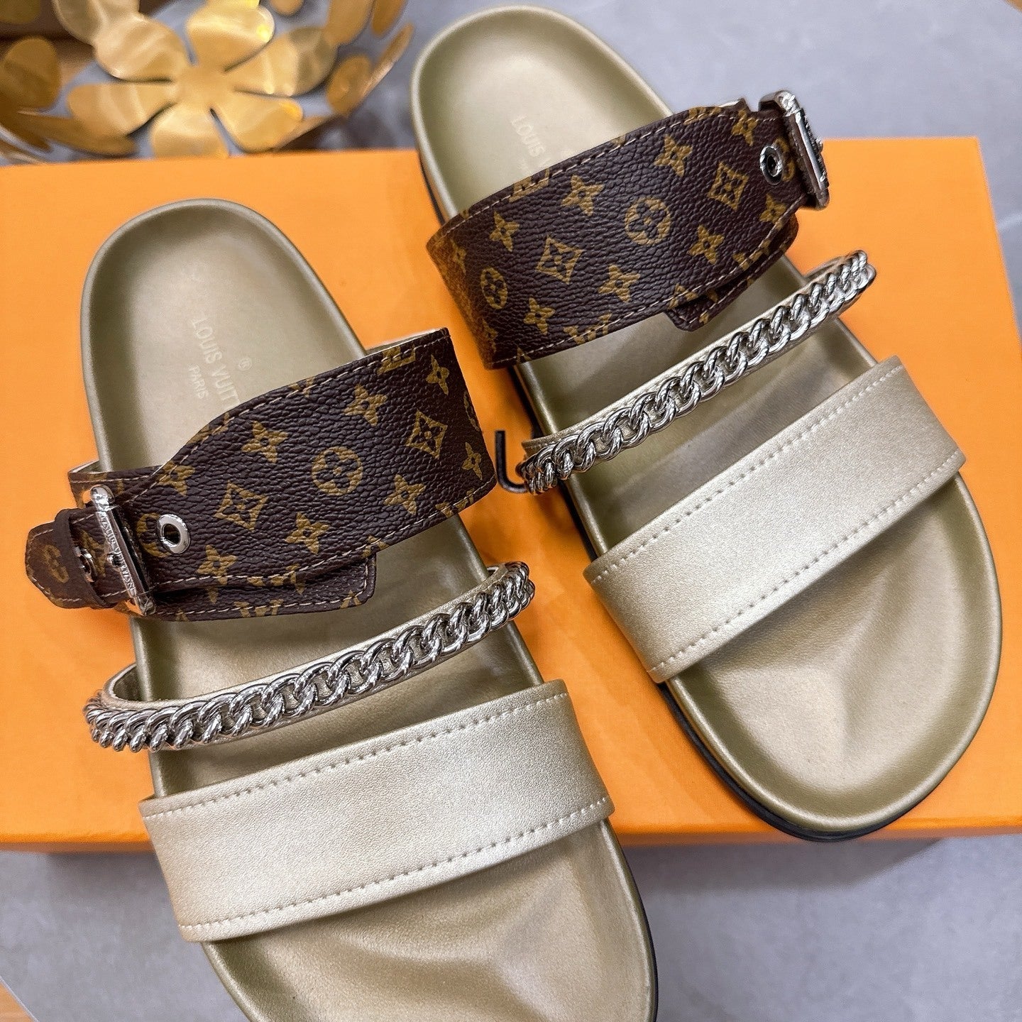 BEIGE MULTI-STRAP CHAIN DETAIL SLIDE SANDALS