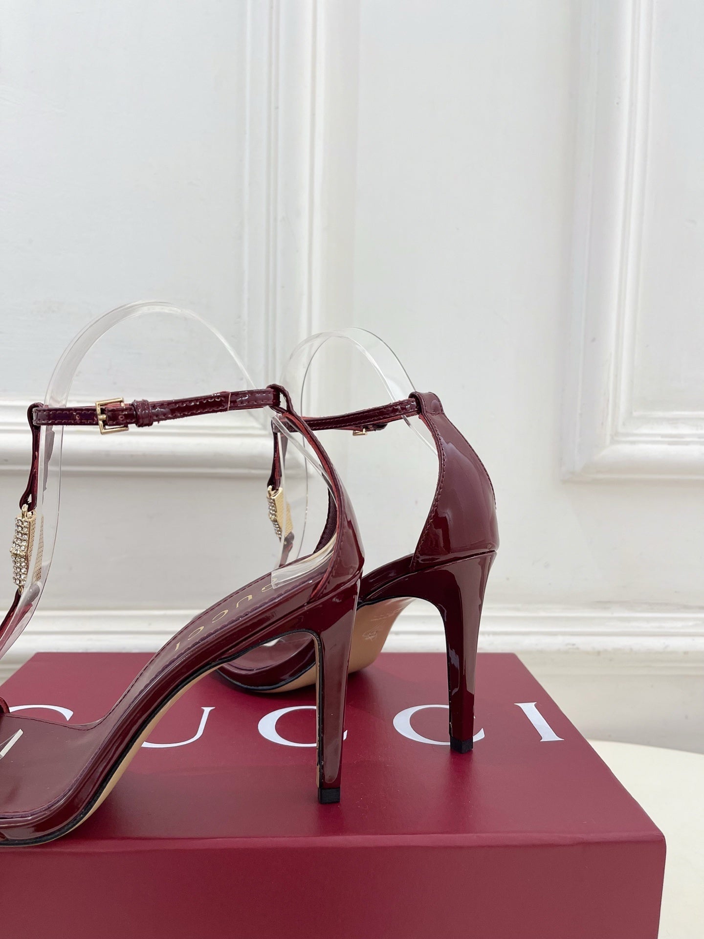 BURGUNDY TRANSPARENT STRAPPY HEEL SANDALS