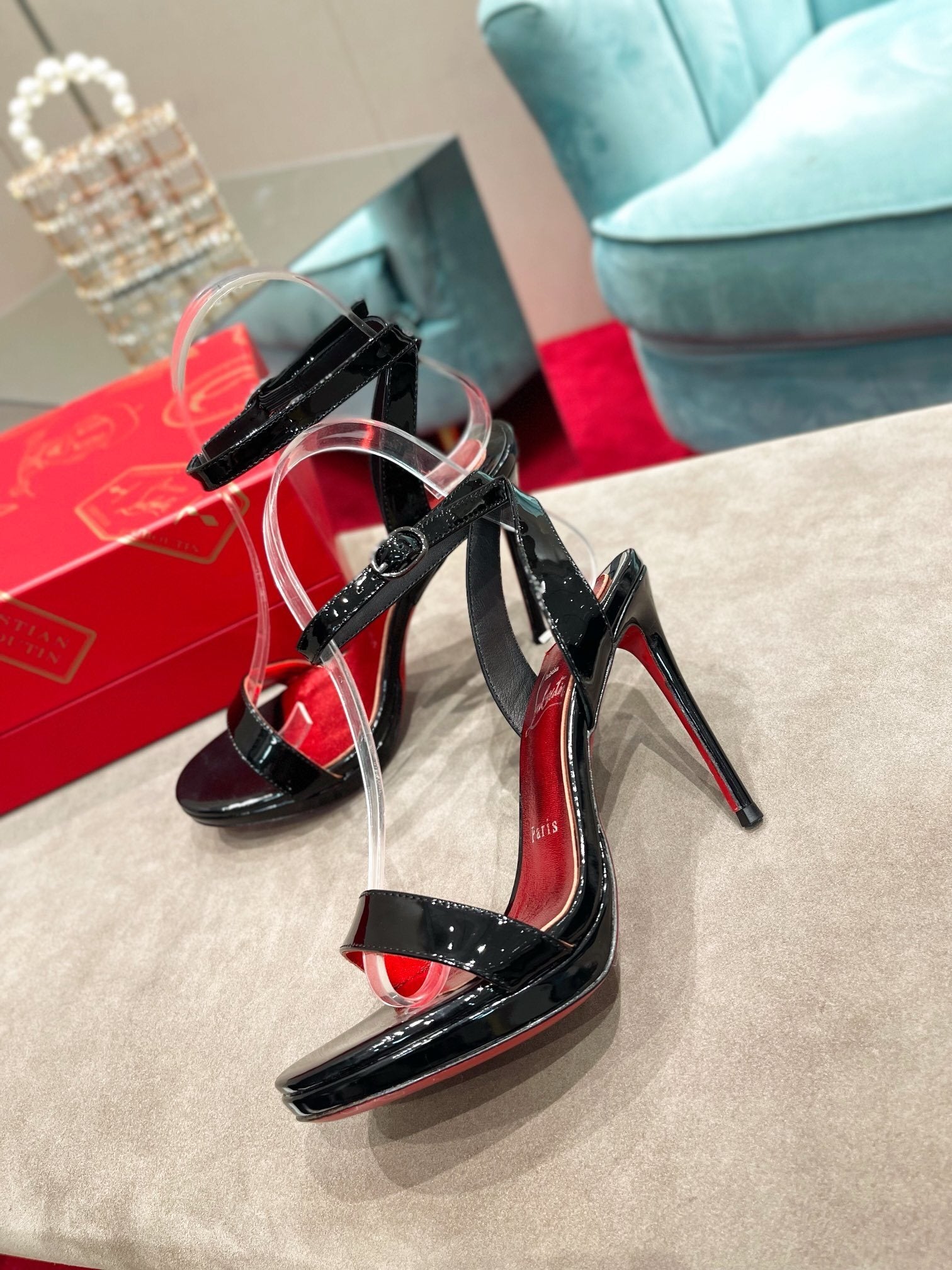 BLACK PATENT CLEAR STRAP SANDAL HEELS