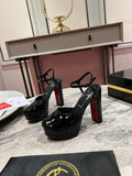 BLACK PATENT PLATFORM ANKLE STRAP HEELS
