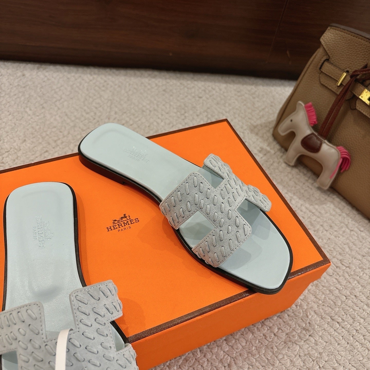 PASTEL BLUE SUEDE SLIDE SANDALS