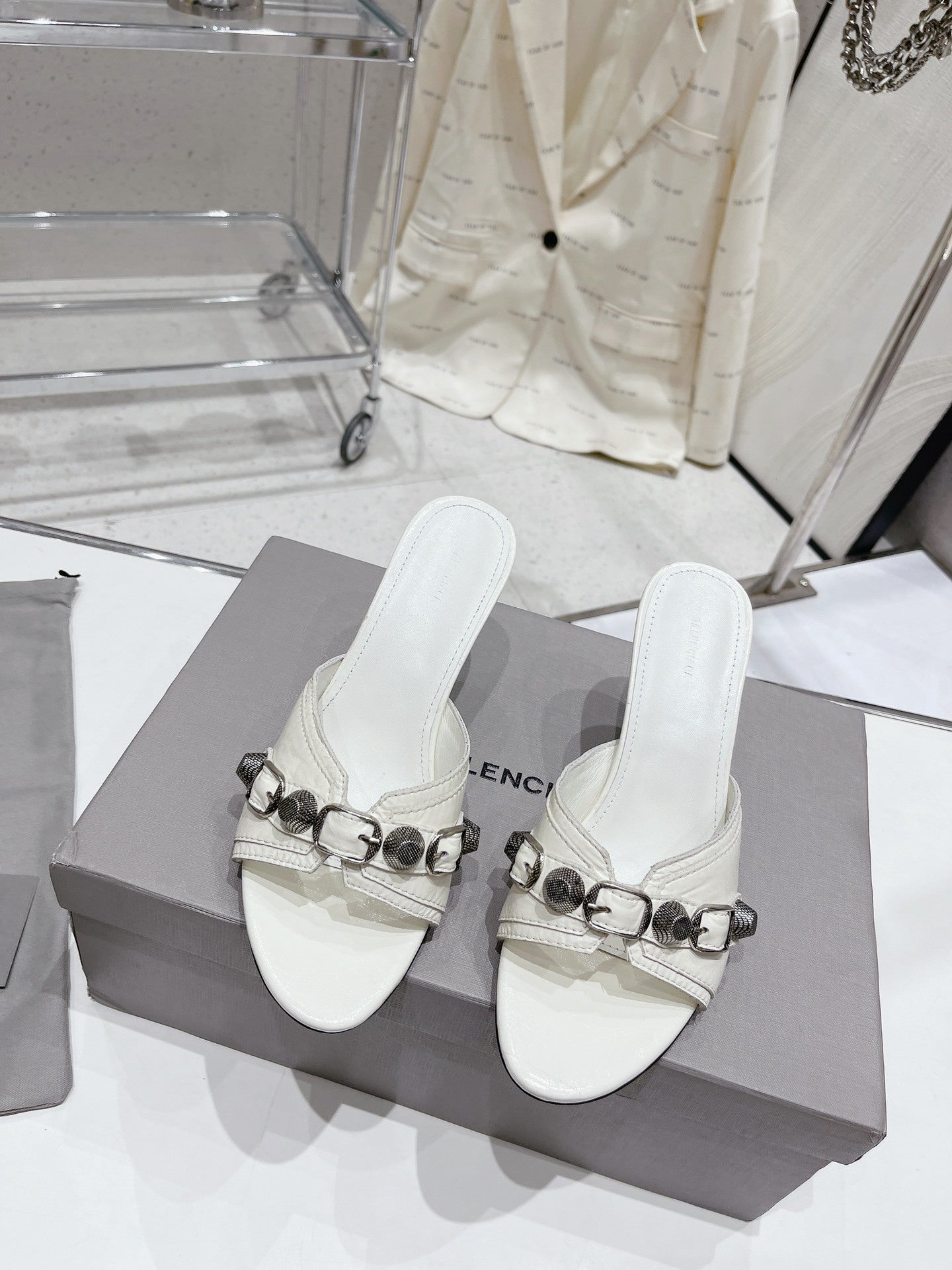 WHITE EMBELLISHED MID HEEL MULE SANDALS