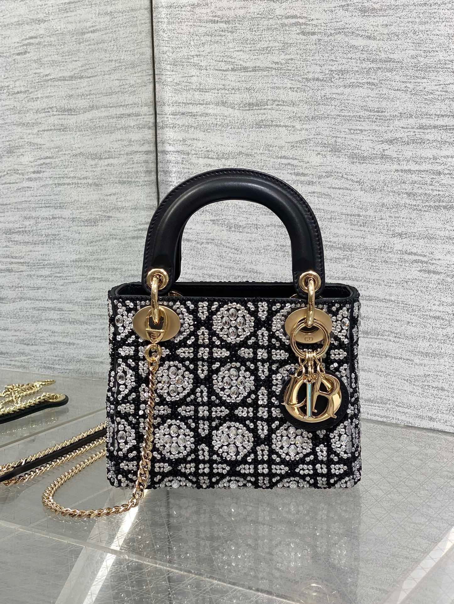 BLACK EMBELLISHED MINI TOP-HANDLE BAG WITH CHAIN STRAP