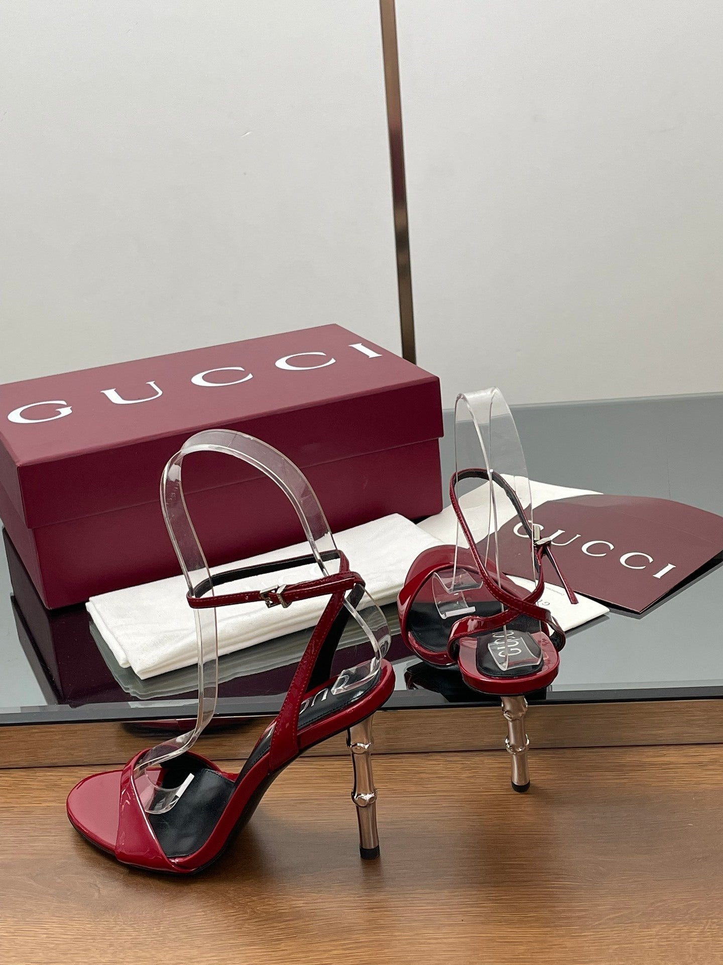 RED PATENT STRAPPY HEEL SANDALS WITH METALLIC HEEL