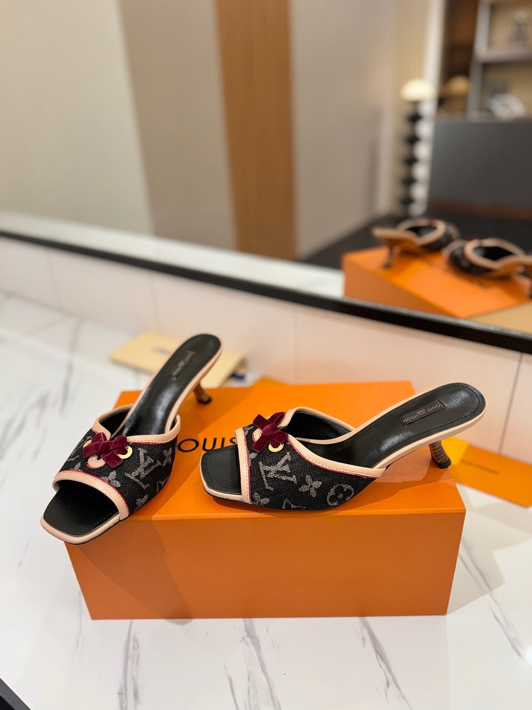 BLACK MONOGRAM DENIM MULE SANDALS WITH VELVET BOW