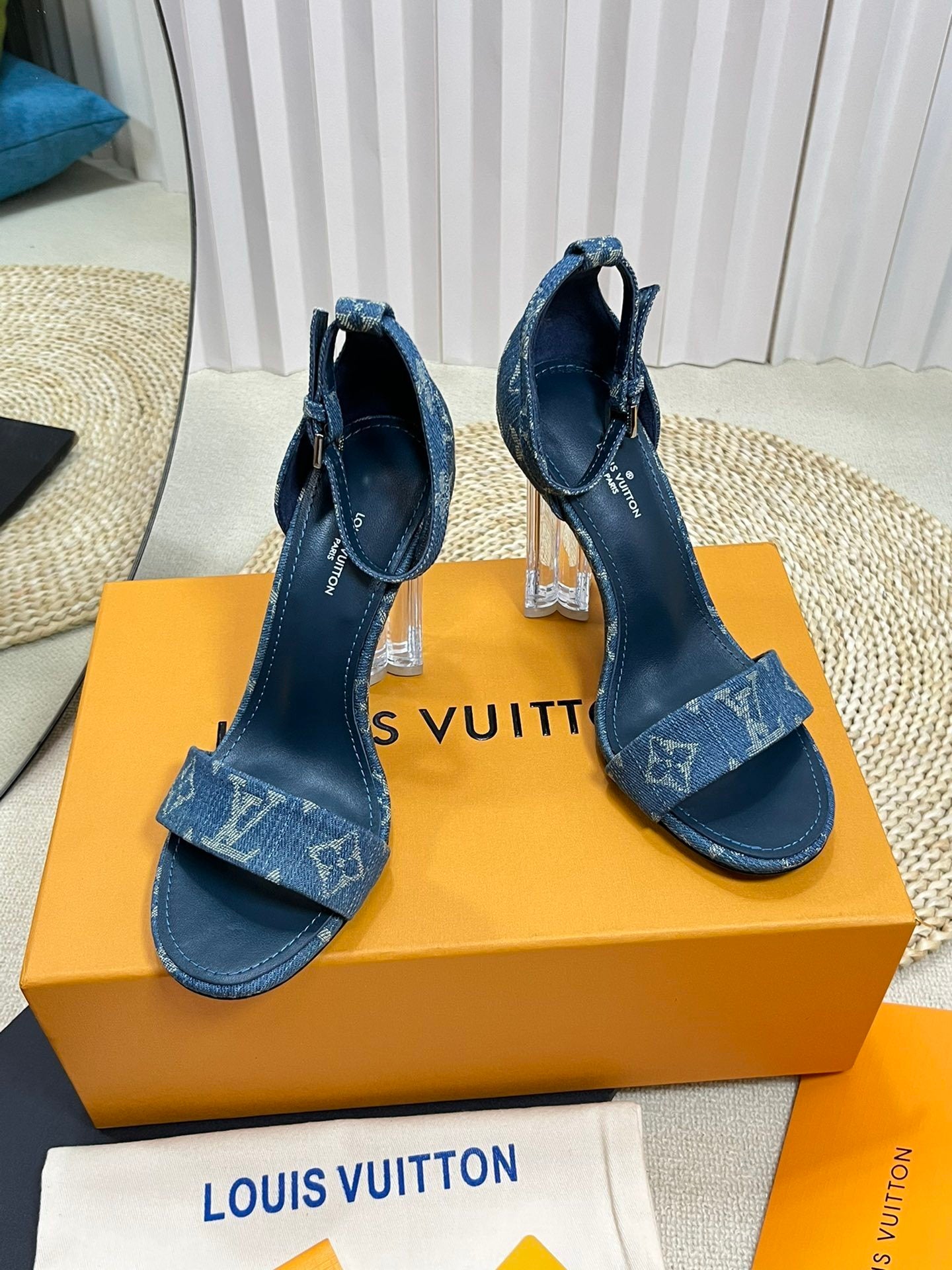 DENIM MONOGRAM CLEAR HEEL SANDALS