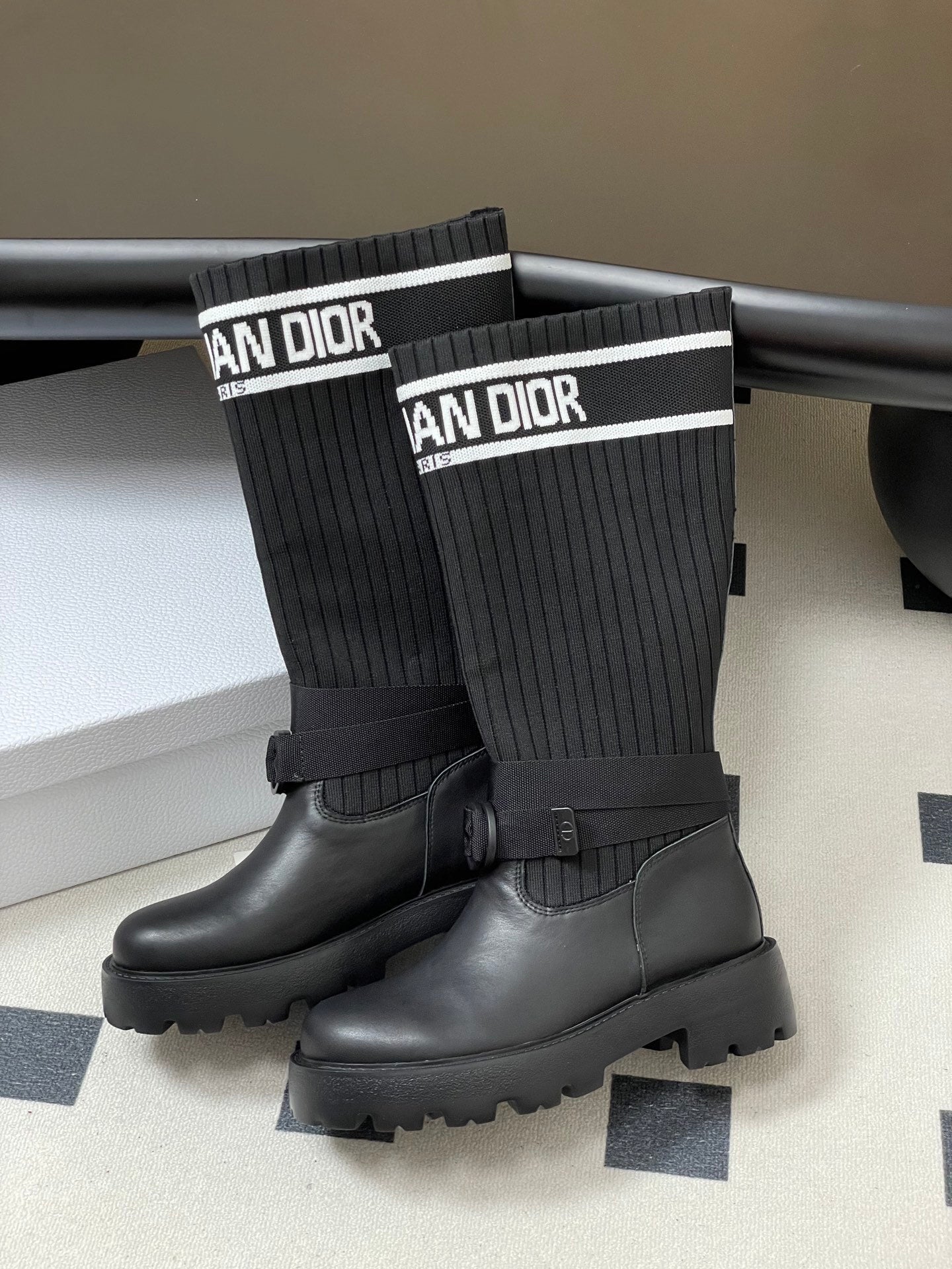 BLACK LEATHER SOCK BOOTS WITH RIBBED KNIT SHAFT AND CHUNKY SOLE