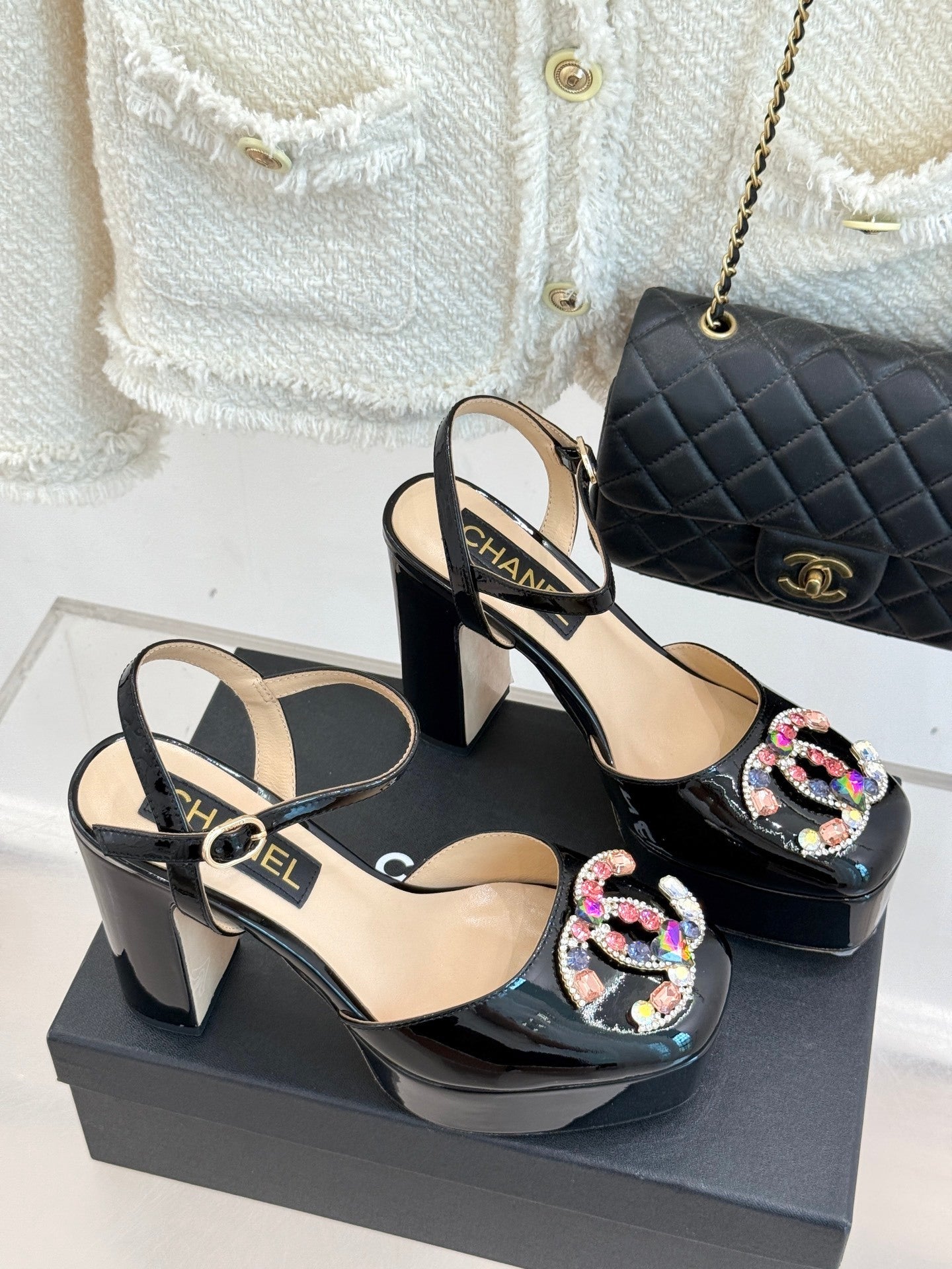 BLACK PATENT PLATFORM CRYSTAL HEELS