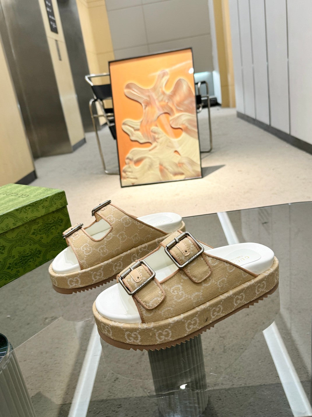BEIGE MONOGRAM DOUBLE-STRAP SANDALS