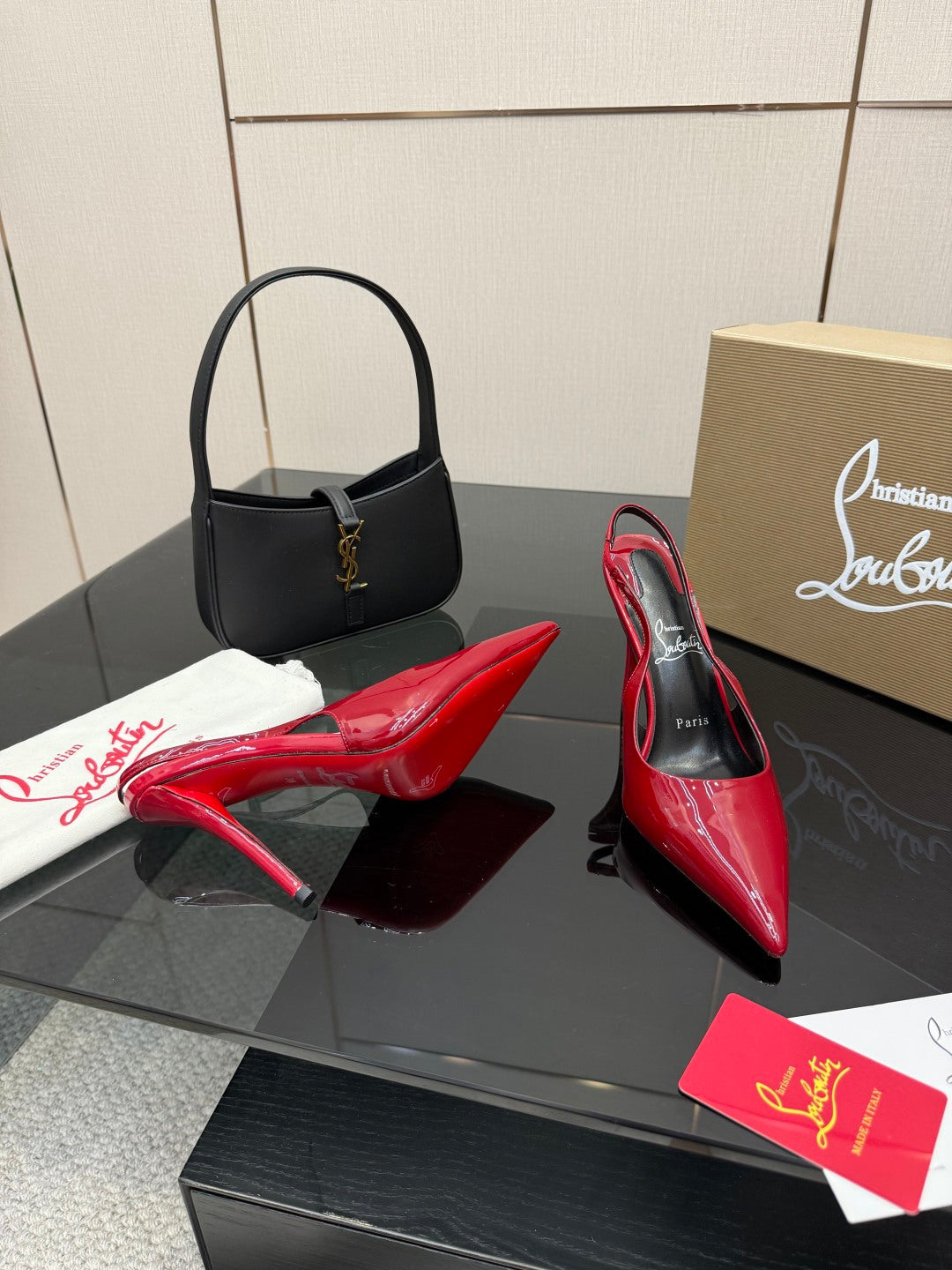 RED PATENT SLINGBACK POINTED HEELS