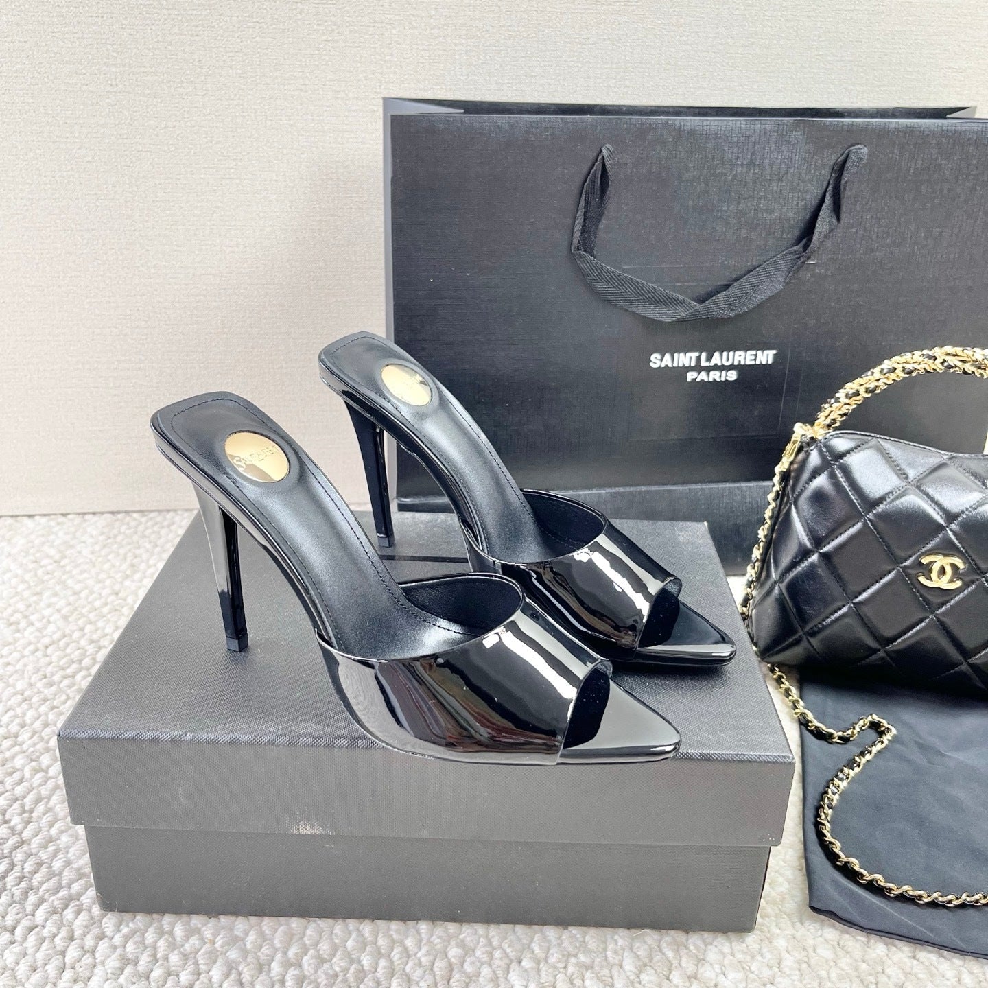 BLACK PATENT OPEN-TOE MULE HEELS