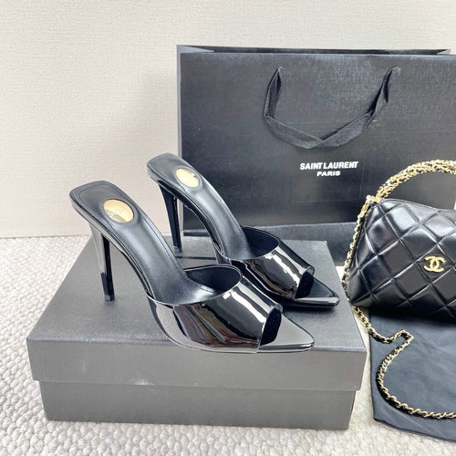 BLACK PATENT OPEN-TOE MULE HEELS