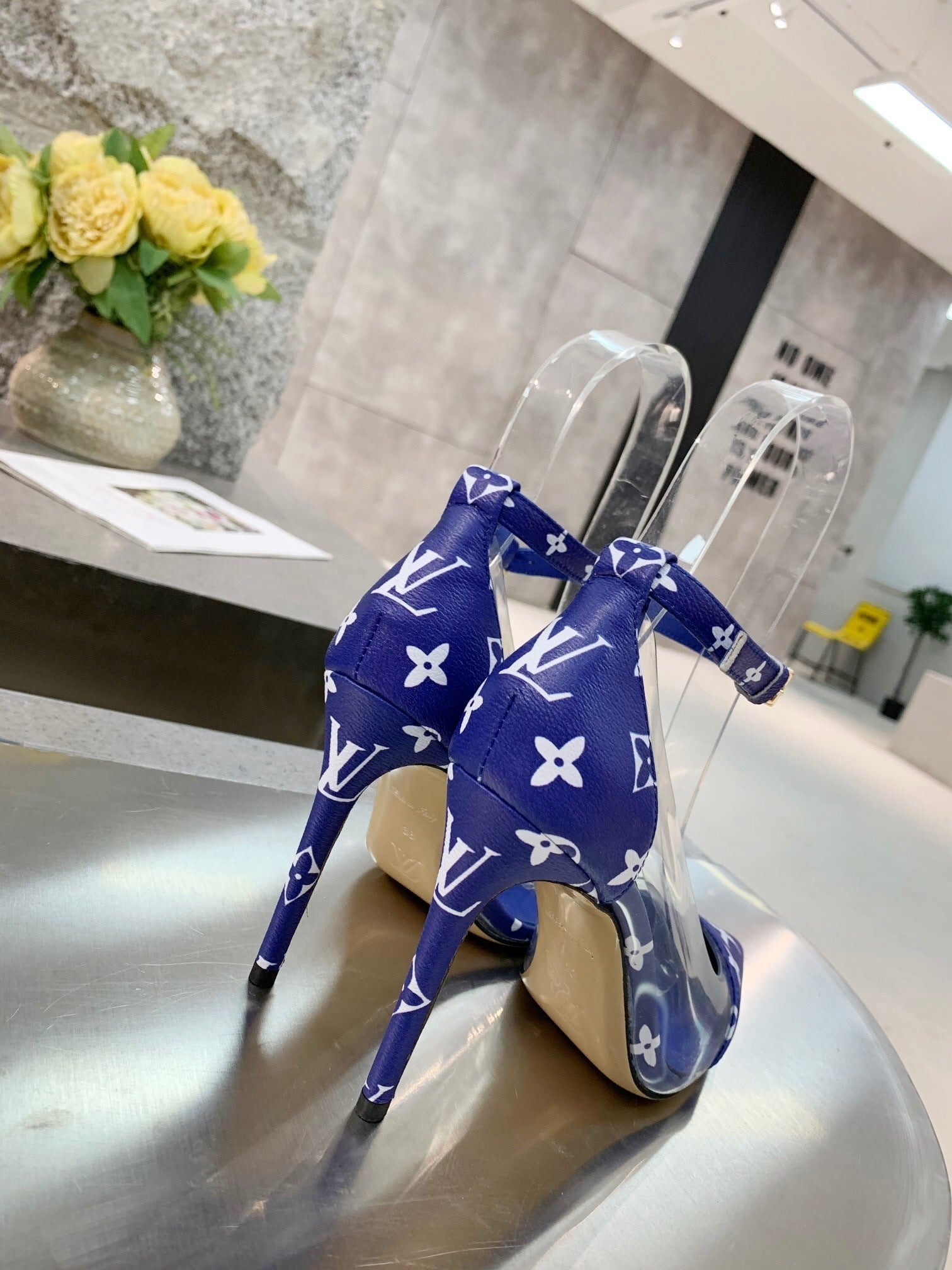CLEAR PANEL MONOGRAM STILETTO HEELS
