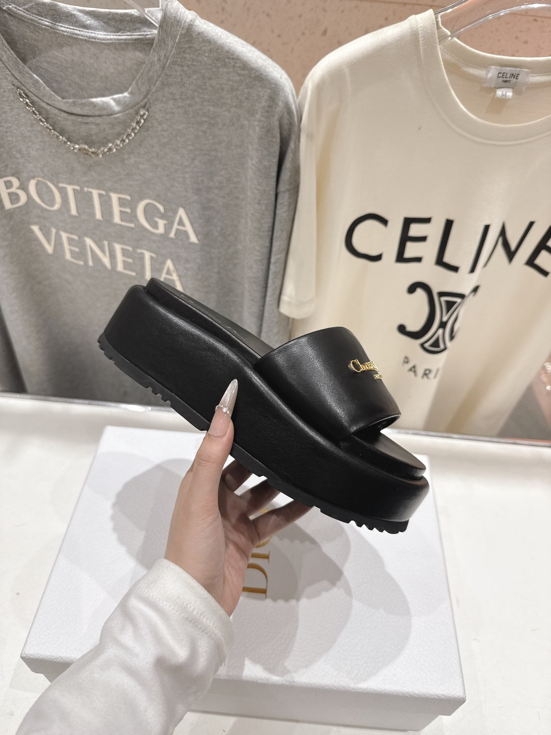 BLACK PLATFORM LOGO SLIDE SANDALS