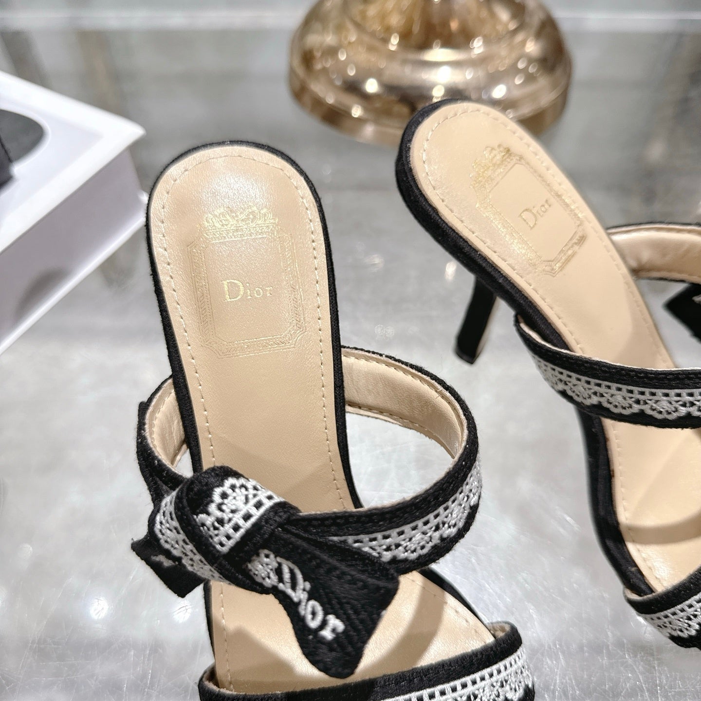BLACK LACE TRIM BOW STRAP HEEL SANDALS
