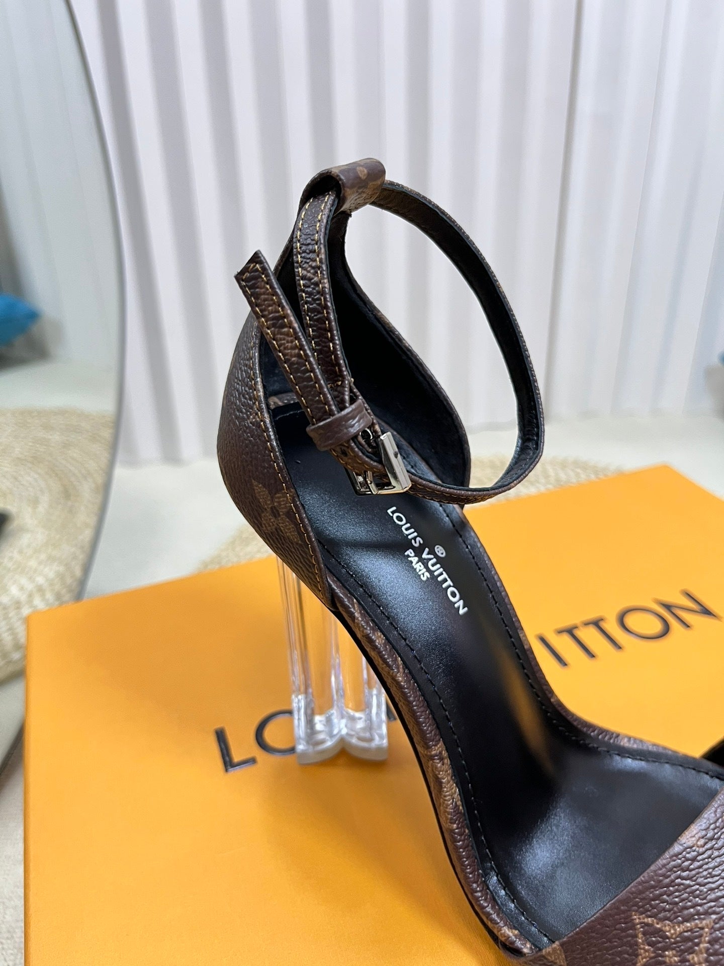 MONOGRAM STRAP CLEAR HEEL SANDALS