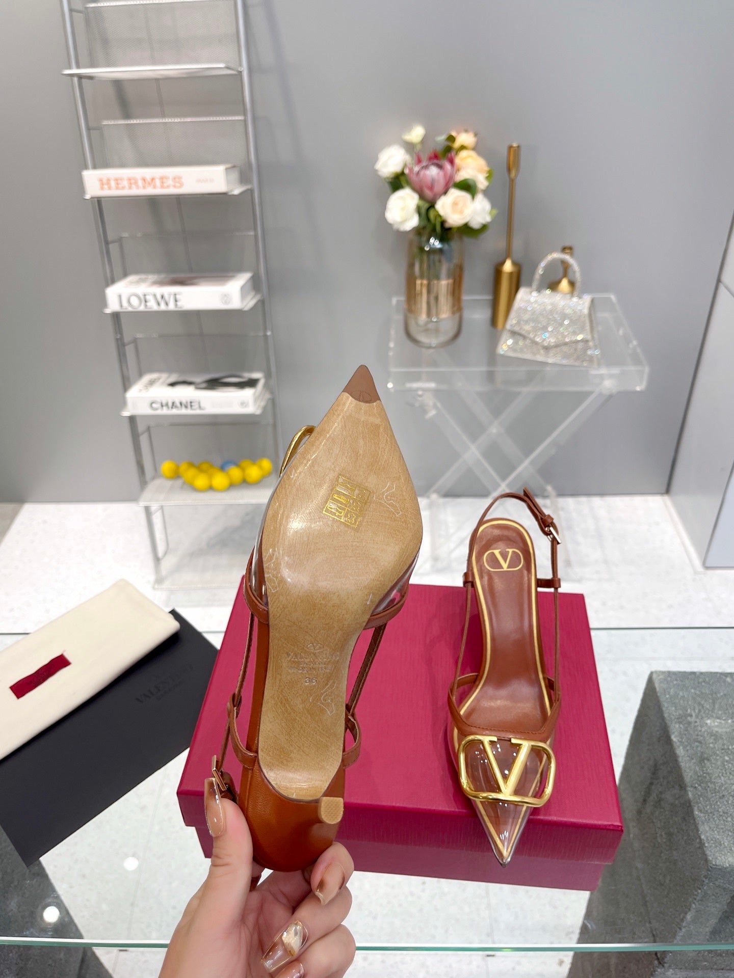 CLEAR SLINGBACK HEELS – CARAMEL BROWN WITH GOLD LOGO DETAIL