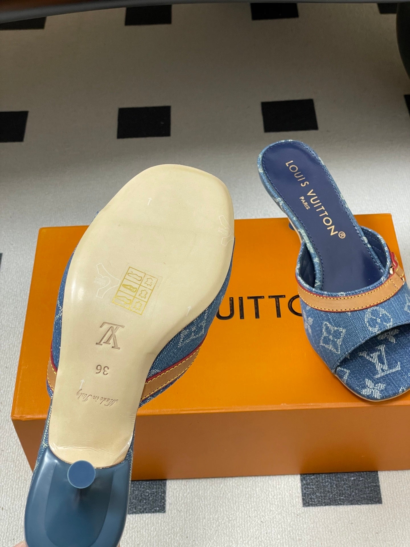 DENIM MONOGRAM STRAP KITTEN HEEL MULES