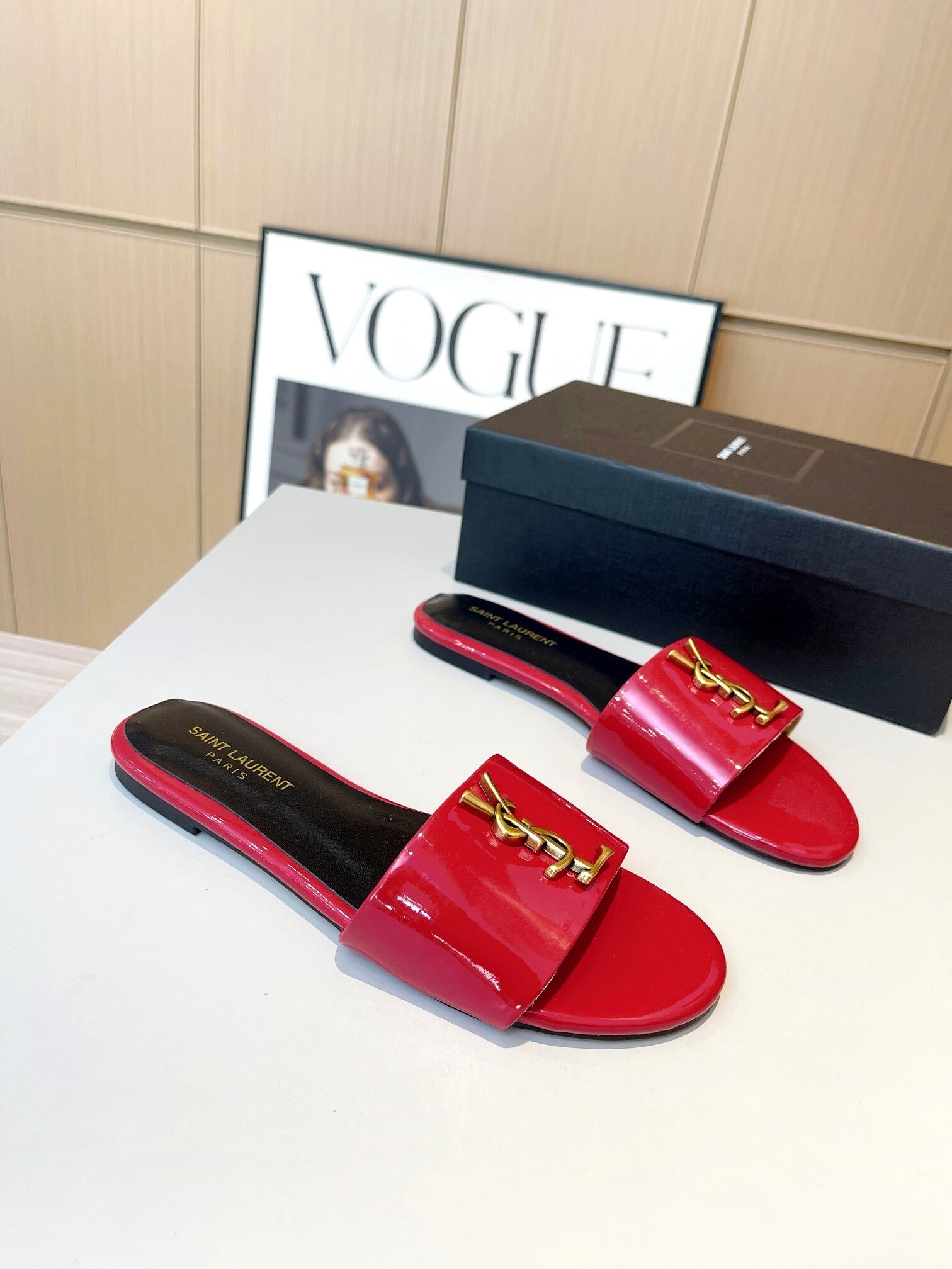 RED PATENT SLIDE SANDALS