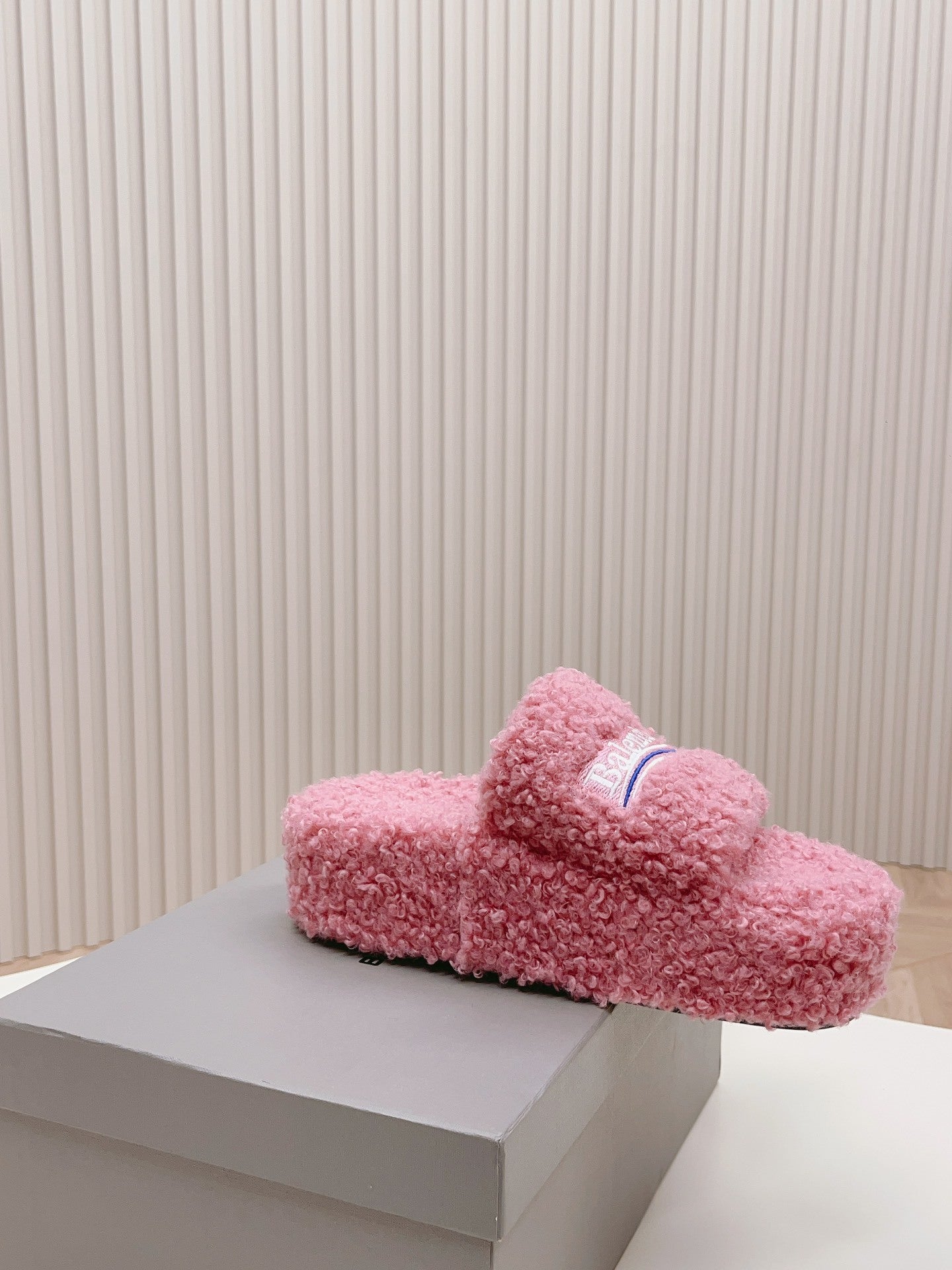 PINK SHERPA LOGO PLATFORM SLIDE SANDALS
