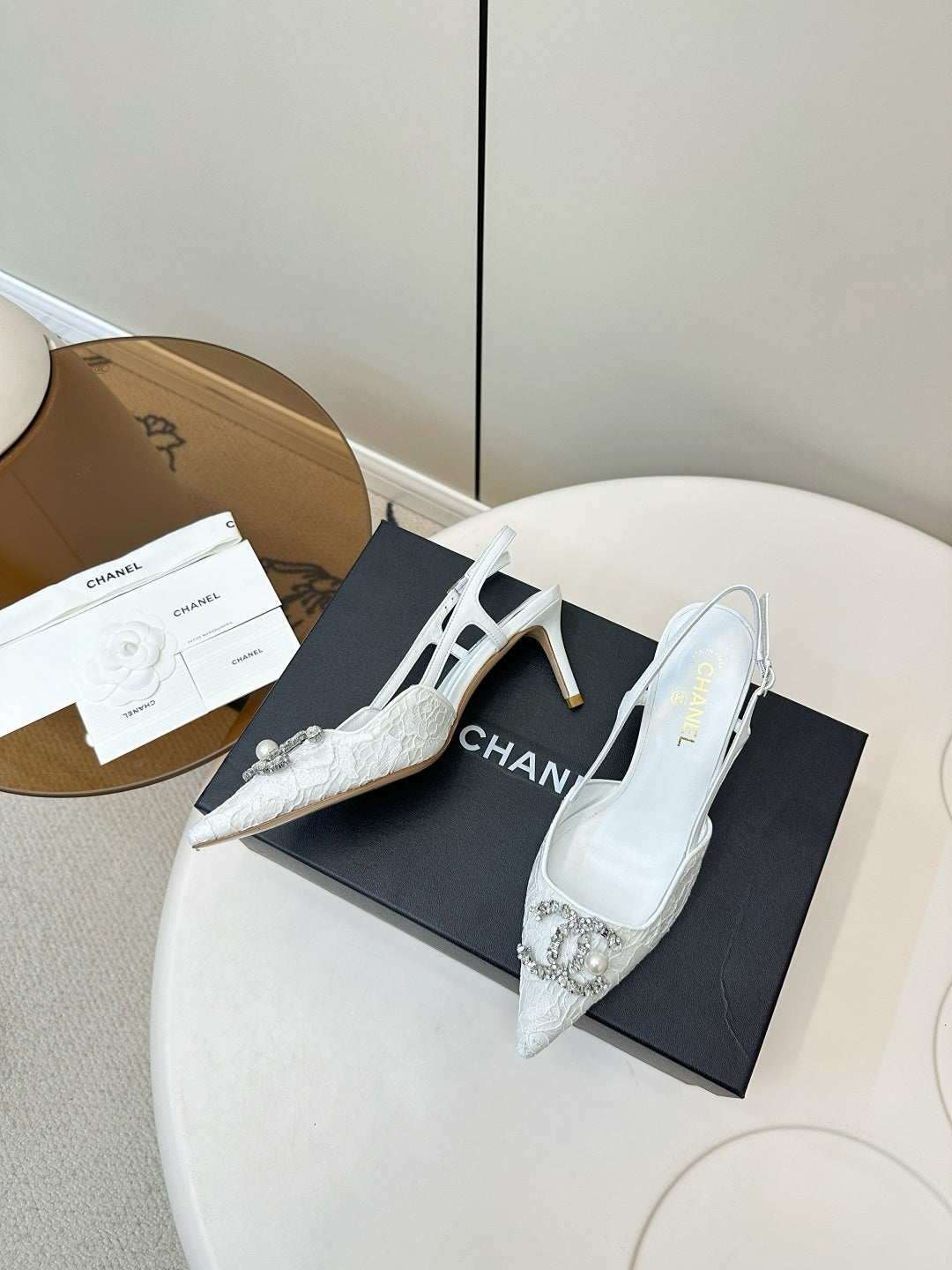 WHITE LACE CRYSTAL SLINGBACK HEELS