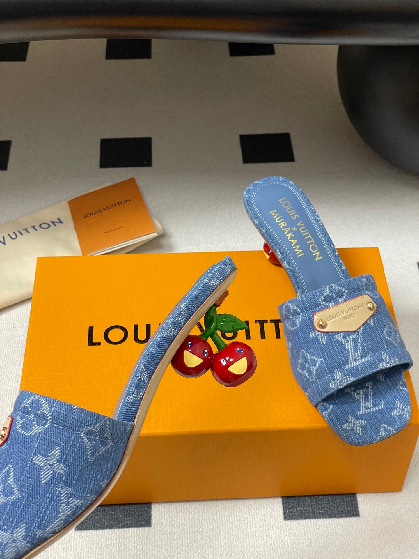 DENIM MONOGRAM MURAKAMI MULES WITH SCULPTED HEEL