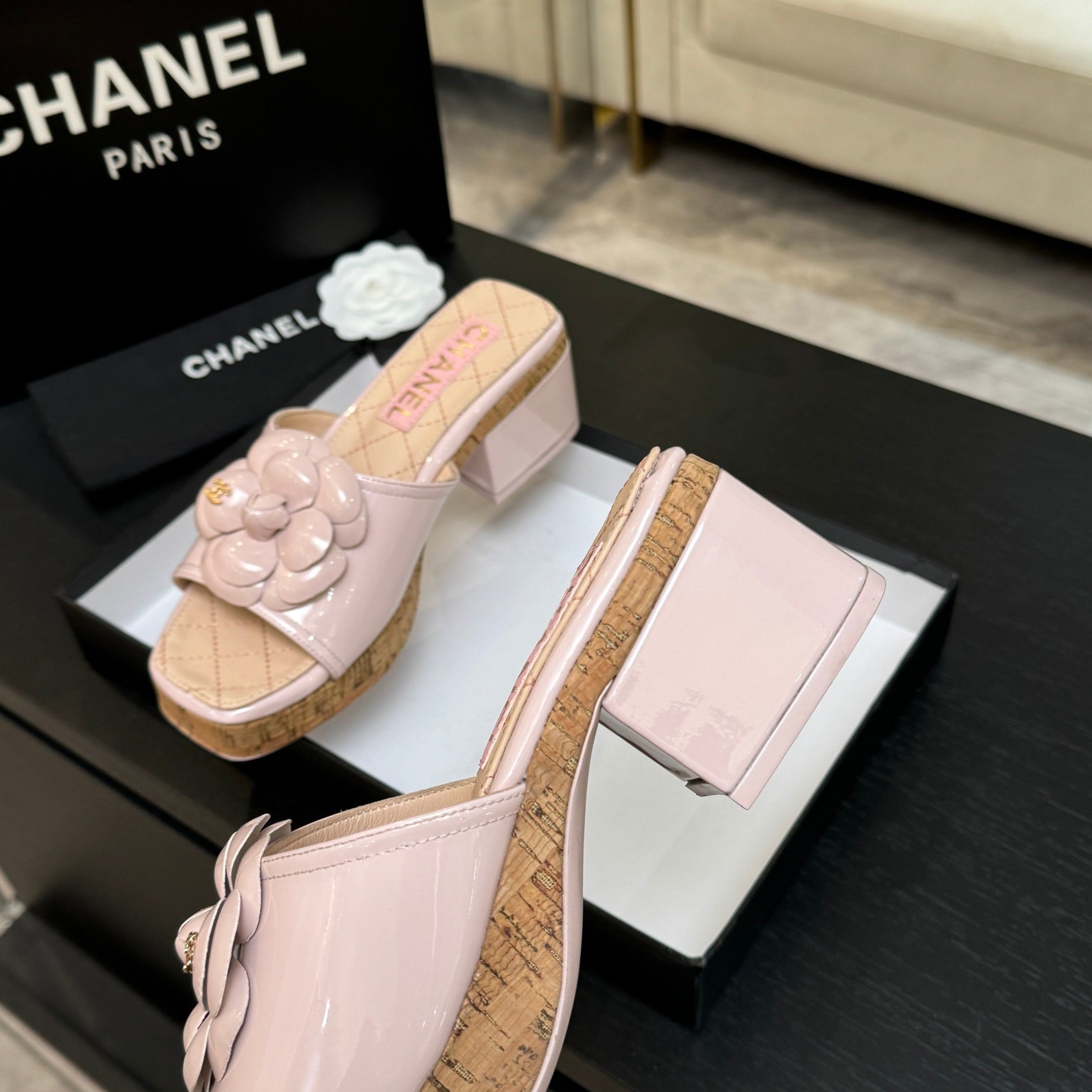 BLUSH QUILTED PLATFORM SLIDE SANDALS WITH CAMELLIA DETAIL