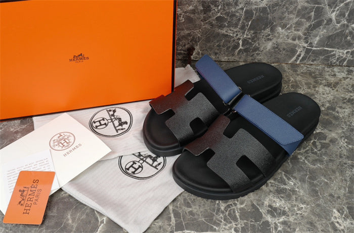 BLACK & BLUE DOUBLE-STRAP H-CUT LEATHER SLIDE SANDALS