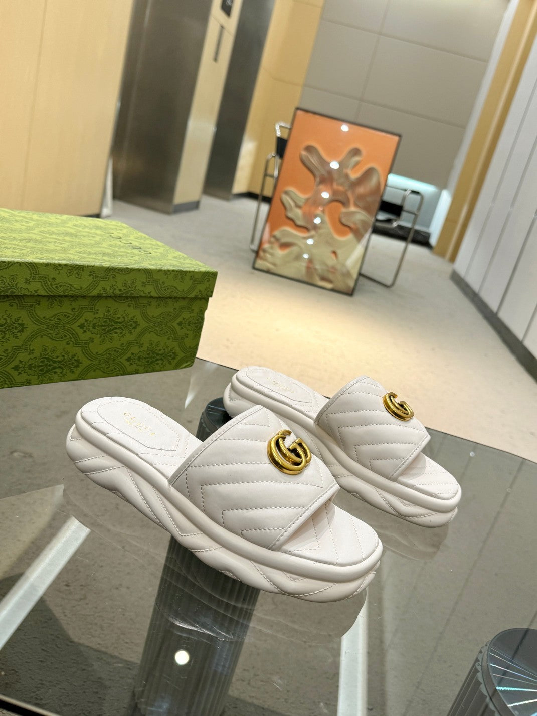 IVORY QUILTED LOGO SLIDE SANDALS