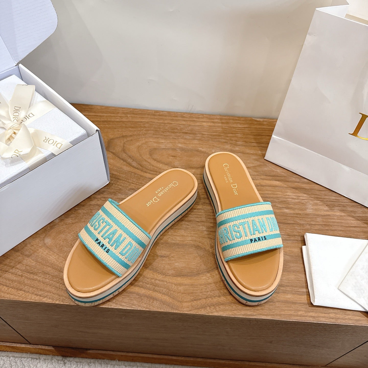 TURQUOISE & BEIGE LOGO STRAP PLATFORM SLIDE SANDALS
