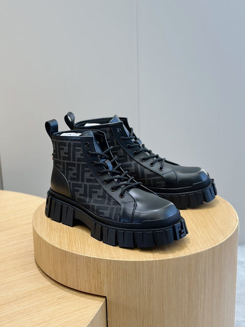 BLACK LACE-UP ANKLE BOOTS WITH MONOGRAM DETAIL AND CHUNKY SOLE