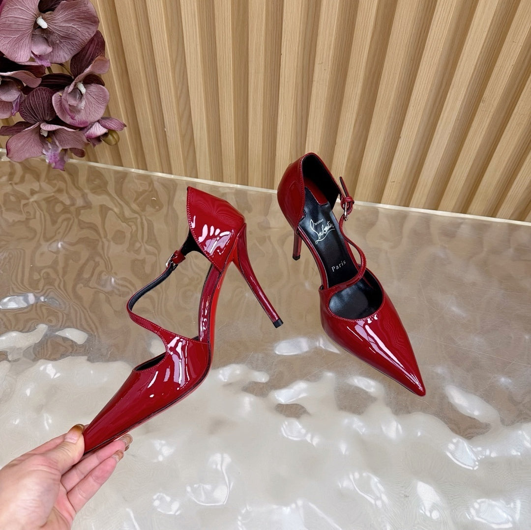 RED PATENT STRAP POINTED HEELS