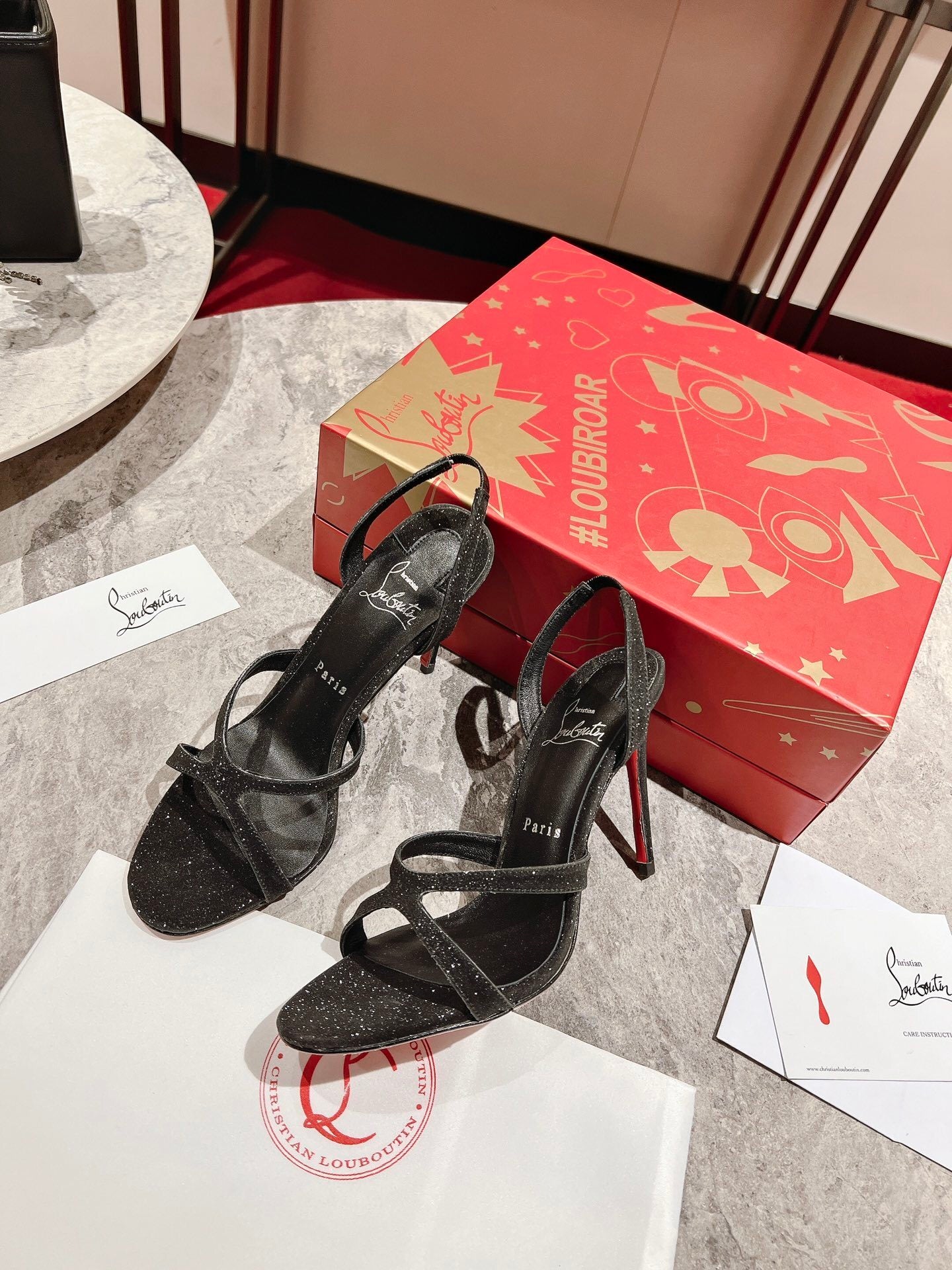 BLACK GLITTER STRAP SANDAL HEELS