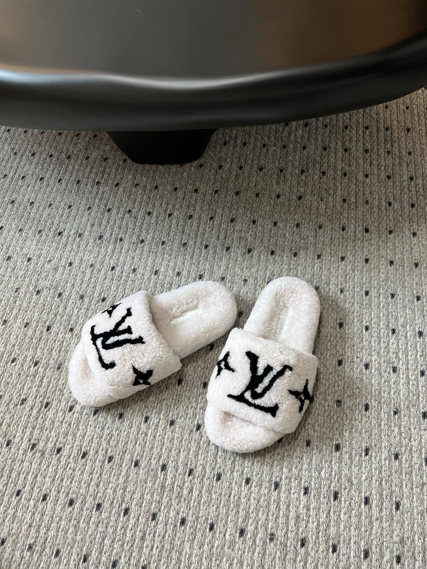 COZY MONOGRAM FUR SLIDE SLIPPERS