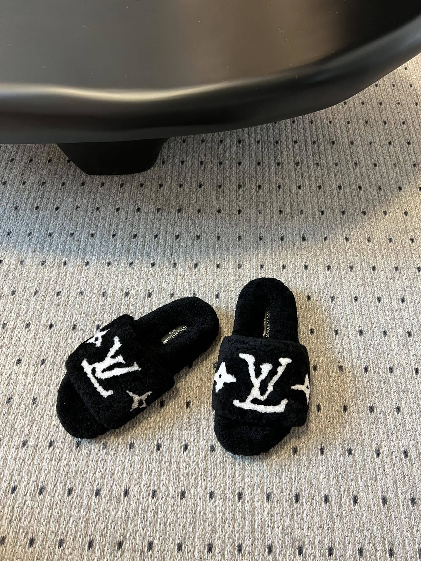 COZY MONOGRAM FUR SLIDE SLIPPERS