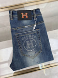 DARK BLUE DENIM JEANS WITH FADED BACK POCKET PRINT