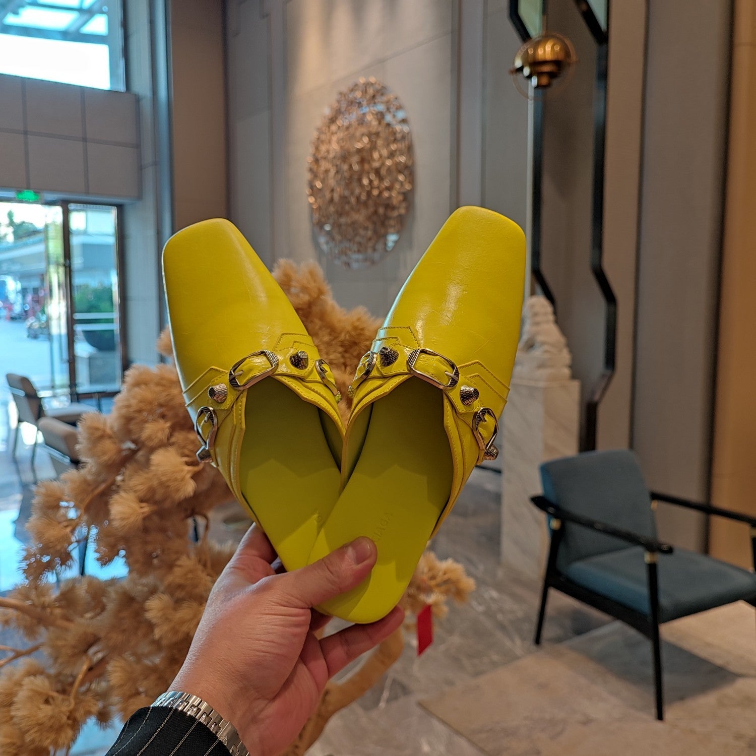 NEON YELLOW BUCKLE DETAIL FLAT MULES