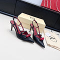 CHERRY EMBELLISHED T-STRAP POINTED HEEL PUMPS – BLACK
